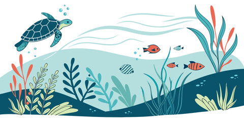 A vibrant underwater scene with a sea turtle and colorful fish swimming among coral reefs