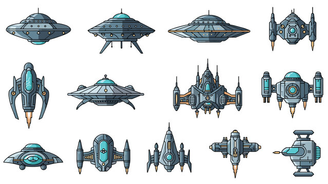 Extensive collection of science fiction spacecraft designs including UFO saucers and advanced battle cruisers.