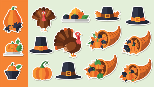 Thanksgiving sticker collection featuring roasted turkeys pilgrim hats pumpkins and cornucopias filled with harvest.