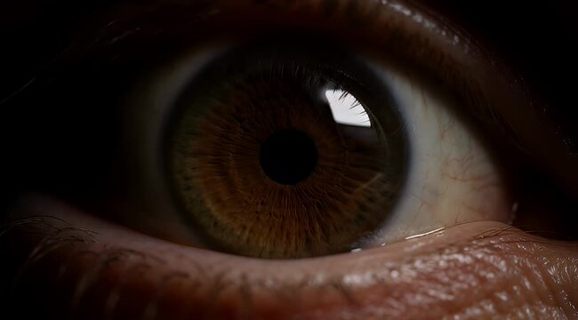 A detailed macro shot of a hazel human eye in dim lighting