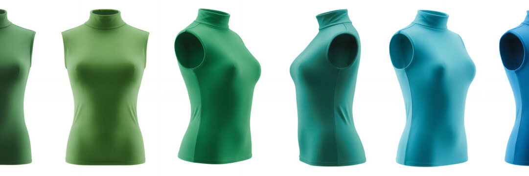 Green and blue mannequin torsos on white background dress