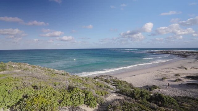 4k 60p footage of dramatic coastal view to Struis Point (Struispunt) and Saxon Reef from rugged sea cliffs near Waenhuiskrans Cave, Arniston. Turquoise Overberg waters, Western Cape, South Africa.