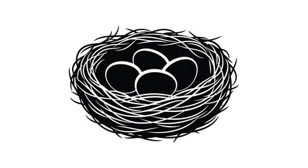 A detailed illustration of a bird s nest containing four eggs rendered as a striking black silhouette © Jahid