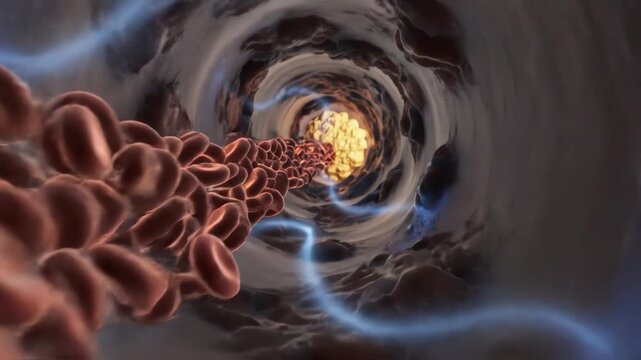 As cholesterol buildup reduces vessel diameter, red blood cells squeeze through tighter spaces. Oxygen release becomes less efficient, shown as dimmer diffusion waves reaching surrounding tissues