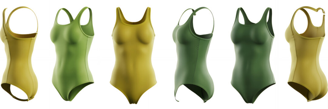 Green and yellow bodysuits on white background green bodysuits women's swimwear