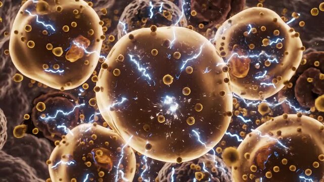 Free radicals form more frequently around lipid-rich areas, shown as sharp flickers. Antioxidant defenses struggle to neutralize them, leading to ongoing cellular stress without structural breakdown