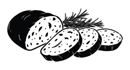 A striking black and white illustration depicts sliced loaf bread accompanied by a sprig of rosemary silhouette © Jahid