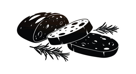 A striking black silhouette depicts sliced salami accompanied by sprigs of rosemary creating a delicious scene silhouette © Jahid