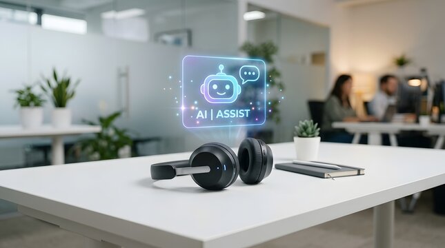 AI Chatbot Holographic Display with Headphones in Modern Office Workspace Setting