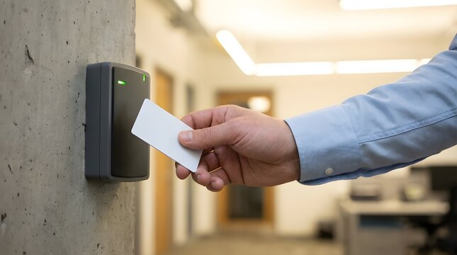 Person's hand scanning a blank white access card on a modern grey card reader for secure entry.