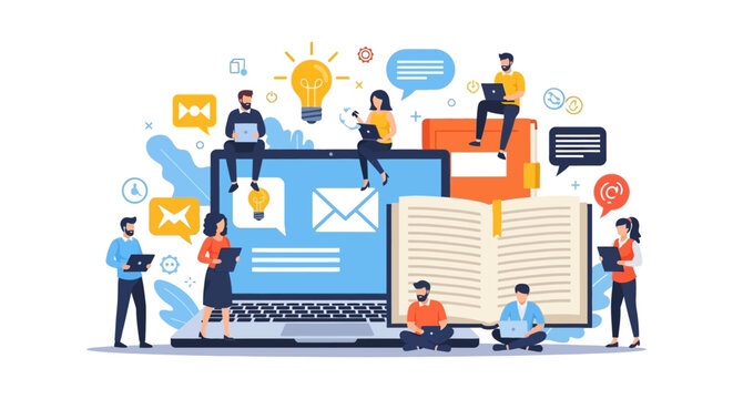 Digital Learning Hub: Online Education, Knowledge Sharing, and Team Collaboration Concept with People Using Laptops and Open Book Illustration