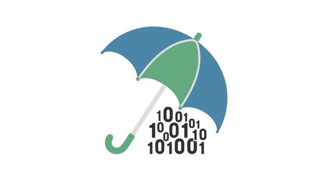 A digital illustration depicts an umbrella with binary code on a tech-savvy graphic design.