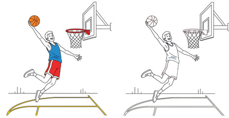 Vector illustration of a basketball player jumping to slam dunk. Colored and black and white line art versions for coloring book page. © MstTabassum