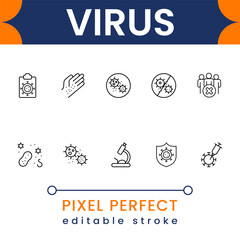 Virus healthcare icon collection with bacteria, infection, pandemic and microbiology symbols modern minimal vector design