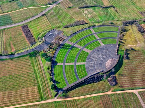 Aerial view of the amphitheater amidst vineyards, with earthy tones contrasting against vibrant green grass, Mittelwihr, Grand Est, France.
