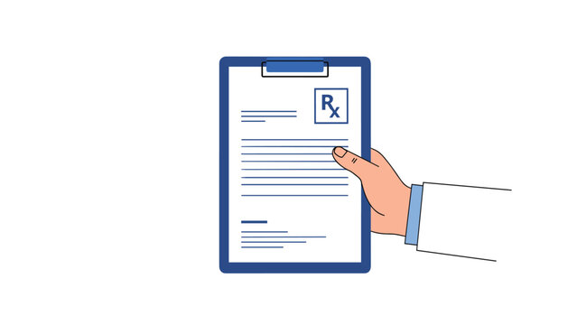 Hand of a doctor wearing a white lab coat holding a blue medical prescription clipboard with an rx symbol on a clean white background.