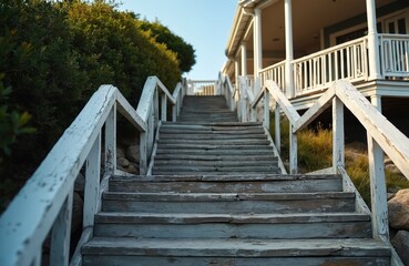 Fototapeta premium Weathered wooden stairs ascend toward a coastal home. The old, worn stpic and chipped white railings lead upwards from rocks and vegetation. Sunlight illuminates the path.
