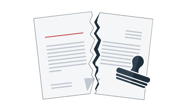 Conceptual illustration of a torn business contract or legal document next to a black stamp representing a canceled agreement or failure.