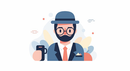 Obraz premium A man in a suit, hat, and glasses holds a cup