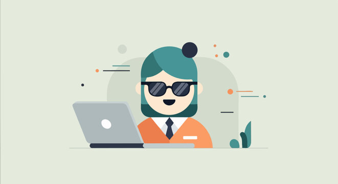 Cartoon character wearing sunglasses, working on laptop, flat design