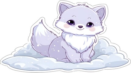 Obraz premium Cute Fluffy Arctic Fox Kit Sitting on Soft Clouds Illustration.
