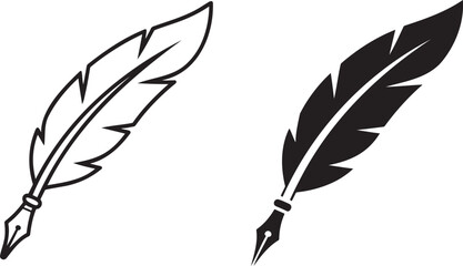 Obraz premium Quill feather pen silhouette & outline set isolated on transparent background