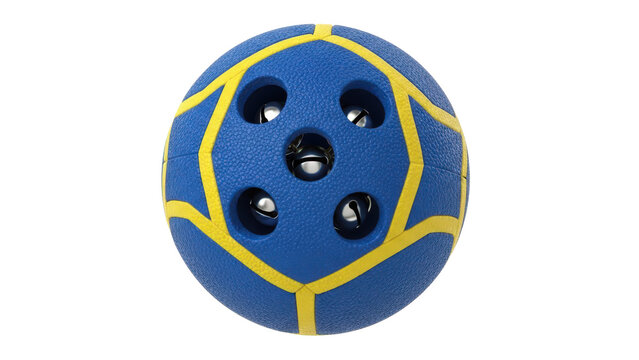 Official blue and yellow textured goalball with hexagonal pattern and holes isolated on white