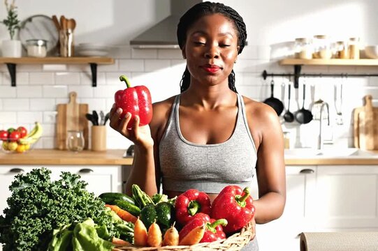 Young woman smiling while holding fresh vegetables, living a healthy lifestyle focusing on nutrition and wellness