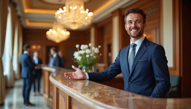 Smiling hotel receptionist in blue suit welcomes guests at wooden desk. People check in to luxury accommodation. Pro hospitality service indoors with elegant decor and chandeliers.