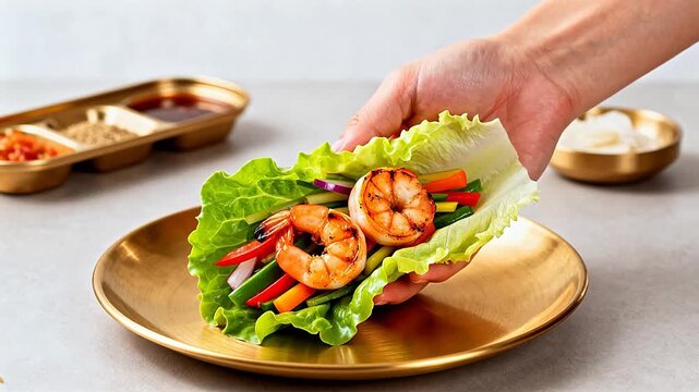 Shrimp lettuce wrap with vegetables
