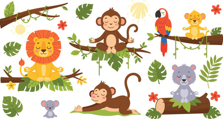 Obraz premium Jungle Animals Meditating – Lions, Monkeys, Koalas, and Parrots Practicing Mindfulness in the Trees