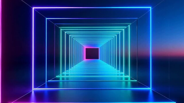 Neon light tunnel with glowing squares