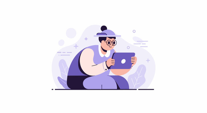 Character in purple sitting and using a tablet device