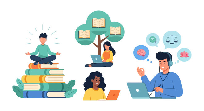 E-Learning and Personal Development: Students studying online, focusing on mental health, knowledge, remote education, and self-improvement concept illustration.