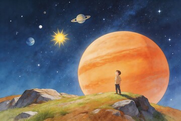 Fototapeta premium Curious child looking at giant planets and stars in magical night sky, imaginative space exploration illustration with Saturn and glowing galaxy, dreamy astronomy scene