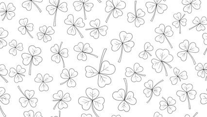 Seamless pattern featuring a dense arrangement of hand drawn outlined shamrock clovers on a clean white background for spring.