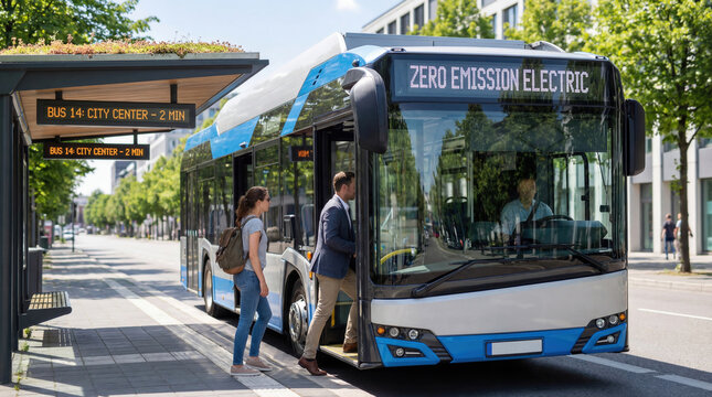 Passengers boarding zero emission electric bus in green city, showcasing clean and modern public transport future