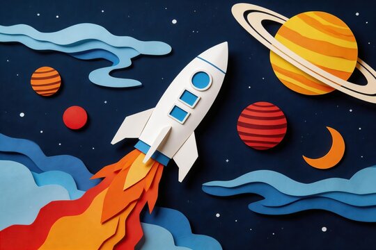 Colorful paper cut rocket launching into space with planets, stars and clouds, playful cartoon universe illustration in papercut style, creative kids education concept