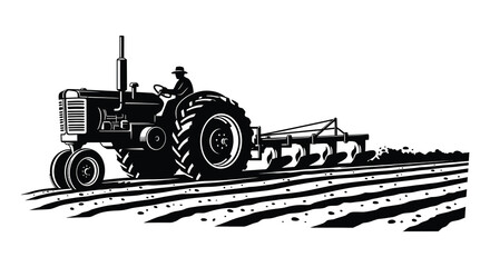 Vintage tractor plowing a field black and white illustration with a farmer driving