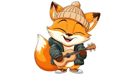 Obraz premium Cute Cartoon Fox Playing Guitar Wearing Winter Hat and Jacket.