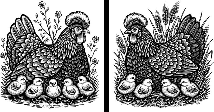 Mother hen with baby chicks in meadow and wheat field vintage woodcut engraved style vector illustration for organic farming and poultry.