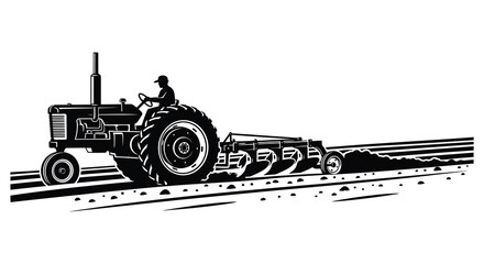 Vintage tractor plowing a field depicted in a striking black and white illustration © Meem