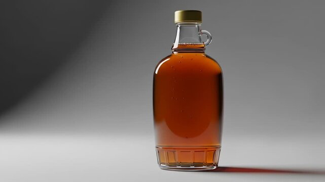 A glass bottle filled with a golden-brown liquid on a gray background