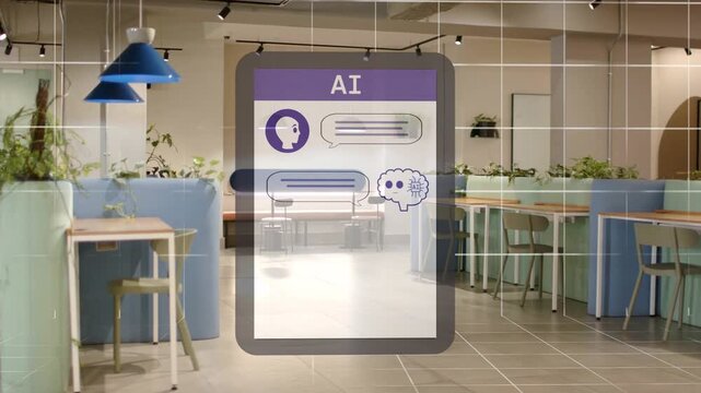 Vertical video: Appearing AI tablet animating chat at work lounge, with avatar and brain icons