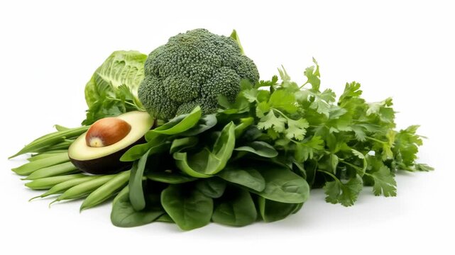 A vibrant arrangement of green vegetables and fruits on a plain white background