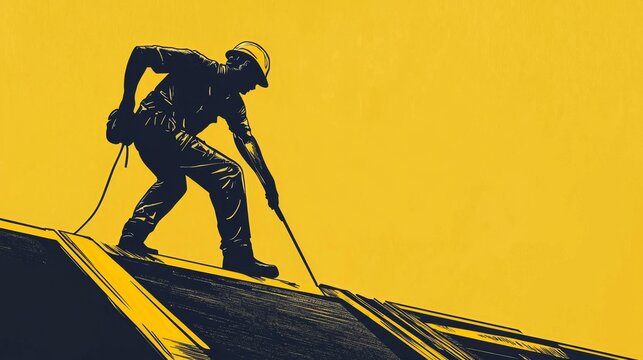 Skilled roofer fixing a flat rooftop in a stylish duotone design.