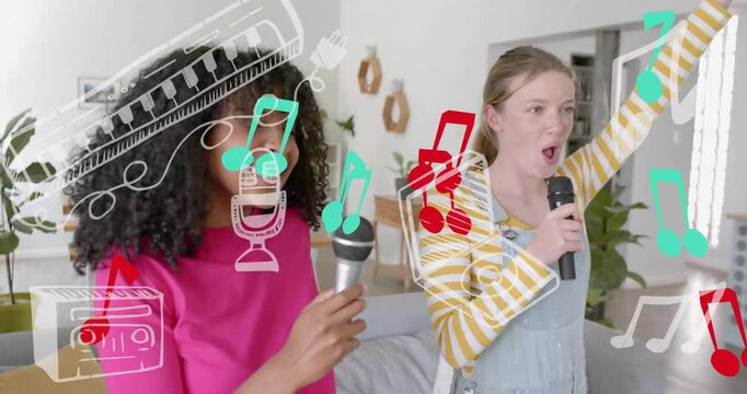 Vertical video: Two teens singing karaoke with mics at home, right girl raising arm, notes floating