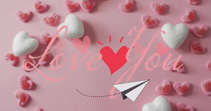 Paper plane entering tracing dashed path on pink passing red heart pulsing hearts for greeting card
