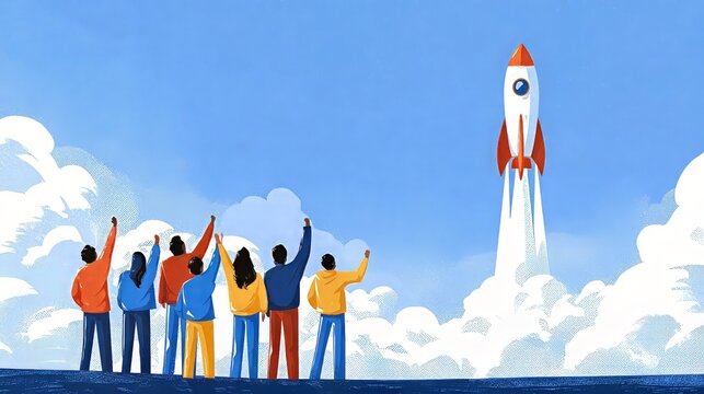 Diverse startup team in bright casual clothes watch red white rocket launch into blue sky above stylized clouds, hopeful business growth and innovation concept