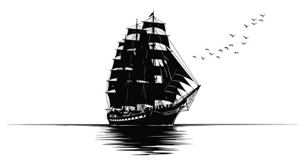 Black silhouette of a tall sailing ship with flying birds over water © Meem